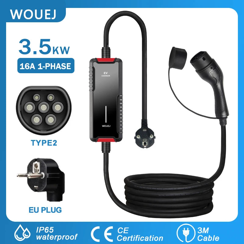 WOUEJ 3.5KW 16A 1-phase EV charger with Type 2 EU plug, IP65 waterproof, CE certified, and 3M cable length.