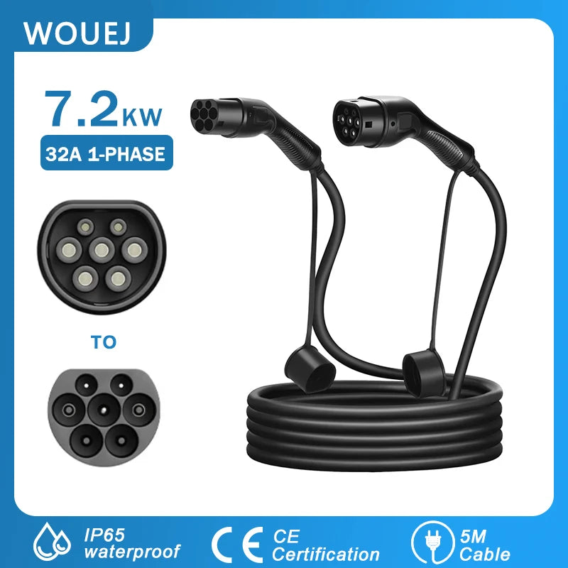 WOUEJ 7.2kW 32A 1-Phase EV charging cable with IP65 waterproof rating, CE certified, featuring a 5-meter cable for home and commercial use