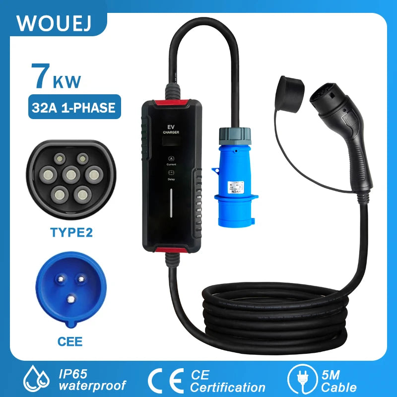 WOUEJ 7KW 32A 1-phase EV charger with Type 2 connector, CEE plug, IP65 waterproof rating, CE certification, and 5-meter cable.