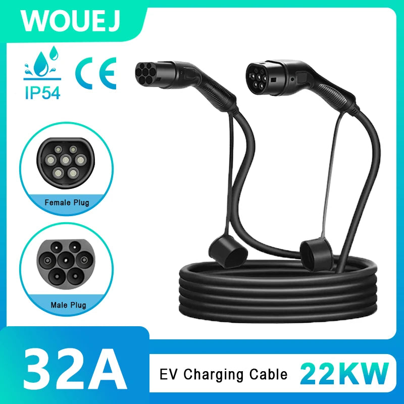 WOUEJ CE IP54 rated 32A 22kW EV charging cable with female and male plugs, designed for reliable home and commercial electric vehicle charging.