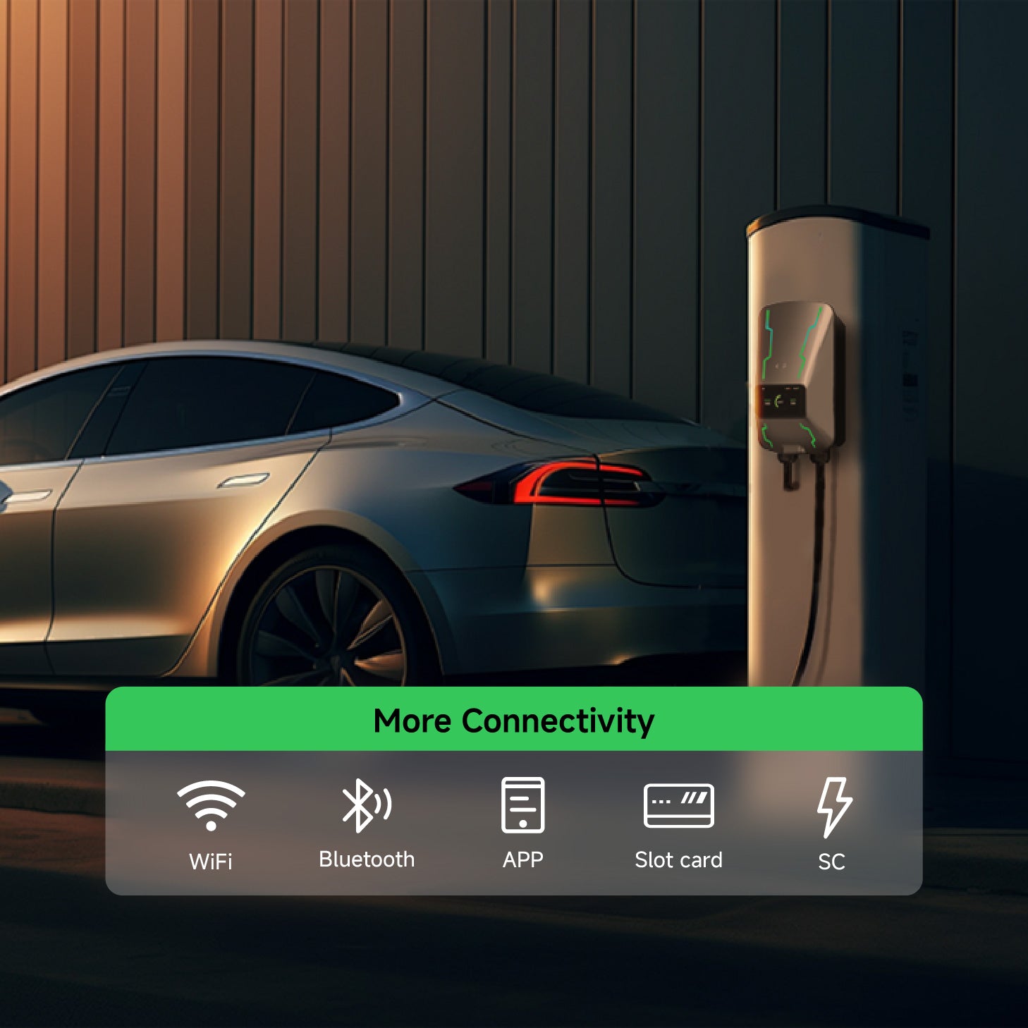 WOUEJ EV charger connected to a car, featuring WiFi, Bluetooth, APP, slot card, and SC connectivity for a seamless charging experience.