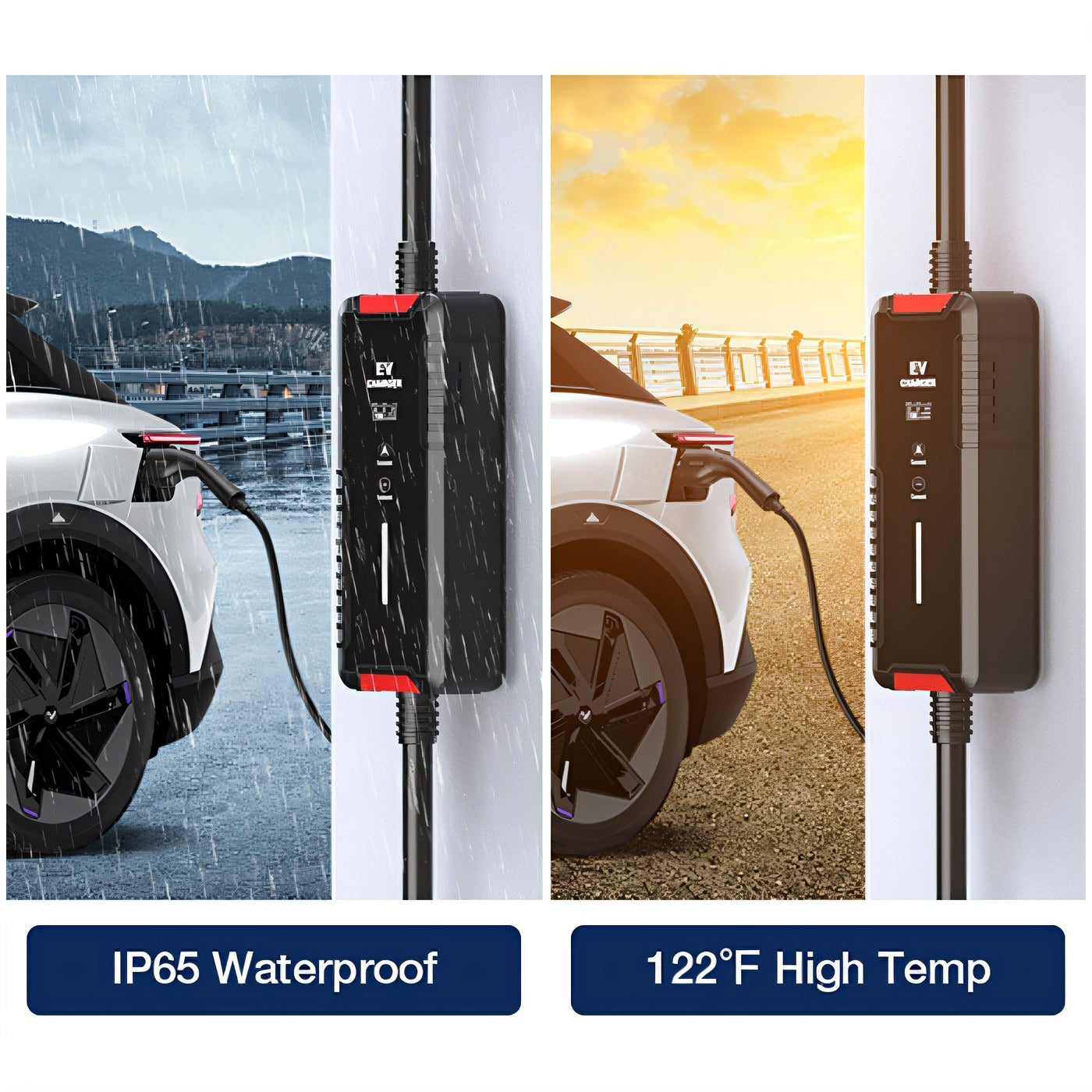 WOUEJ EV charger operating in extreme weather conditions, including rain with IP65 waterproof rating and high temperatures up to 122°F.