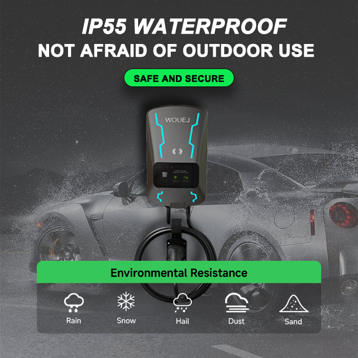 WOUEJ IP55 waterproof EV charger, safe for outdoor use with resistance to rain, snow, hail, dust, and sand.