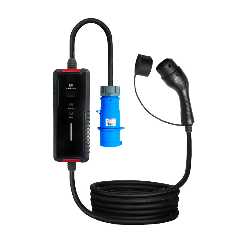 WOUEJ 32A 7KW portable EV charger with adjustable current settings and built-in display, perfect for faster commercial or residential charging