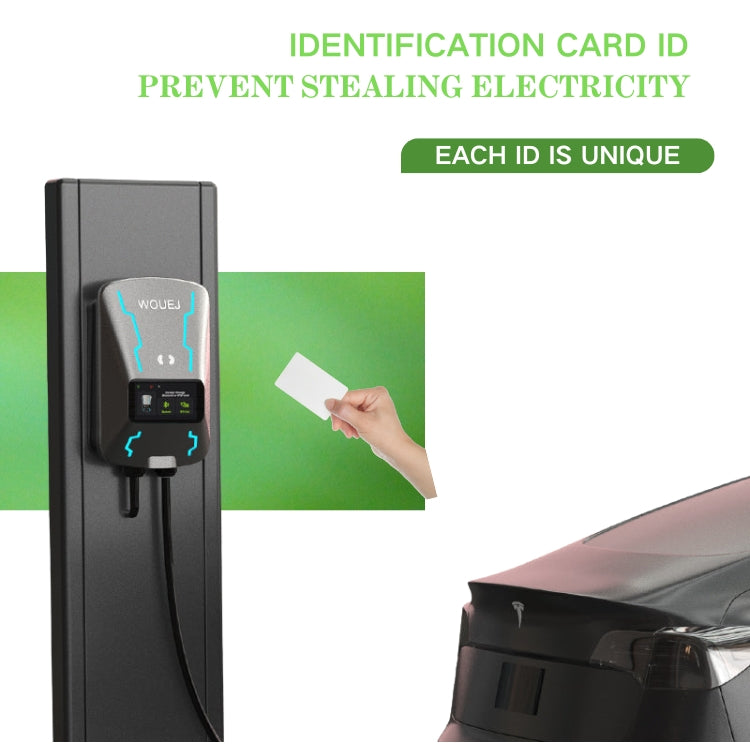 WOUEJ EV charger with unique ID card system for secure and theft-free charging, showing a user presenting a card for authentication.