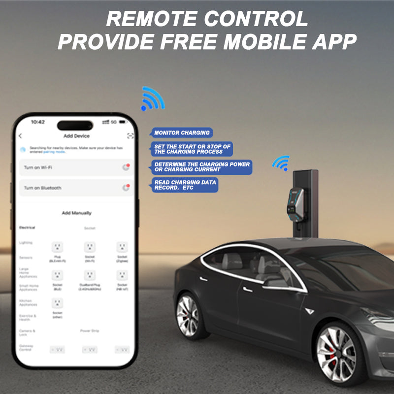 WOUEJ smart EV charger with mobile app for remote monitoring of charging data, including charging power, current, and process.