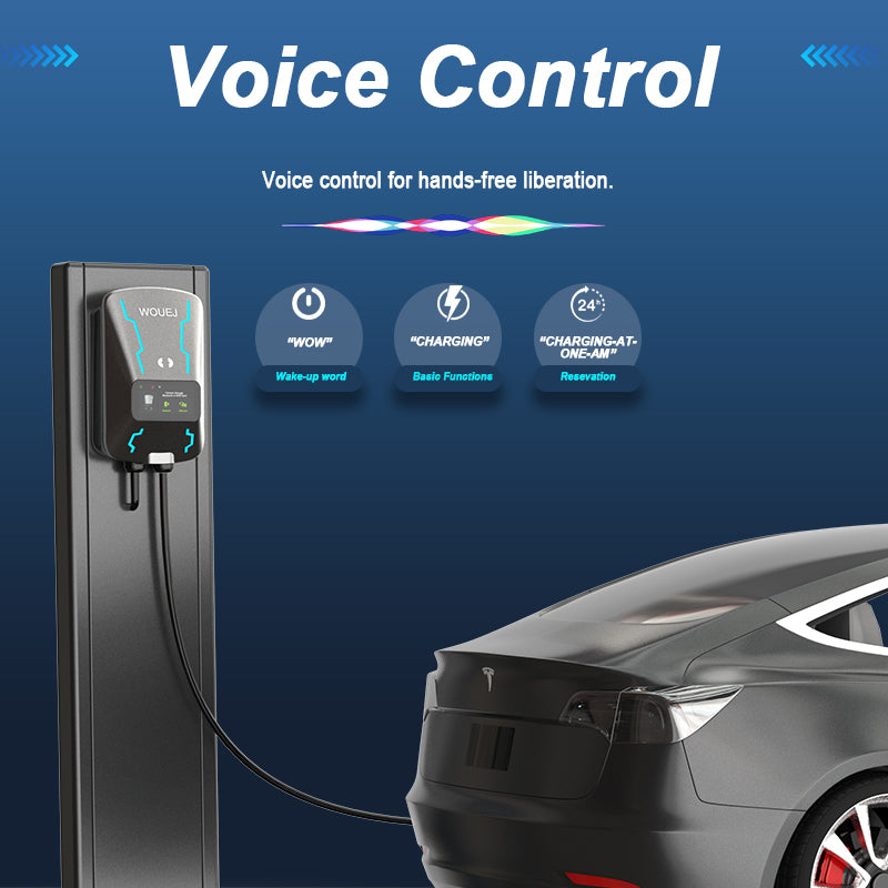 WOUEJ electric vehicle charger with voice control, including features like voice wake-up, hands-free operation, and 12A current charging.