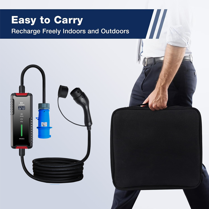 WOUEJ portable EV charger with carrying case, lightweight design, and suitable for both indoor and outdoor use, perfect for travel and daily commuting.