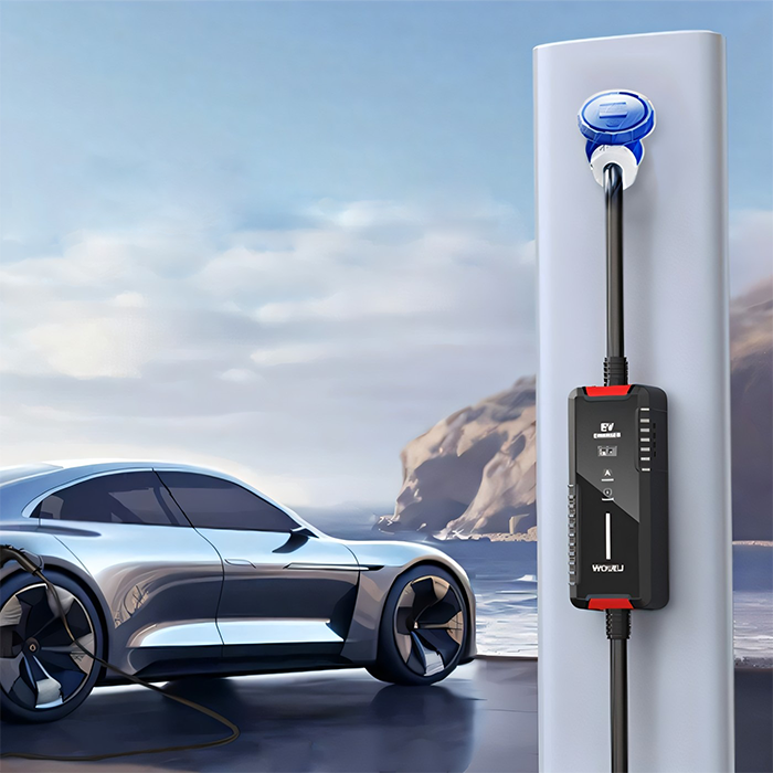 WOUEJ portable EV charger connected to a car at an outdoor location, ideal for travel and on-the-go charging.