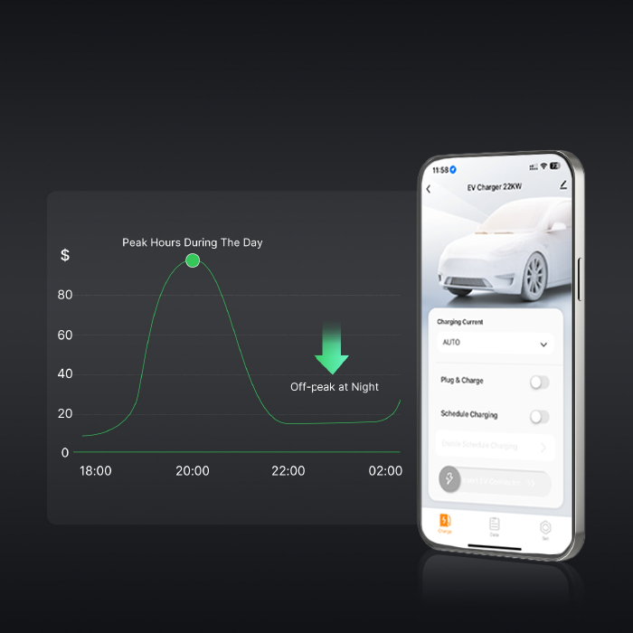 WOUEJ EV charger app interface showing off-peak charging schedule and cost optimization graph.