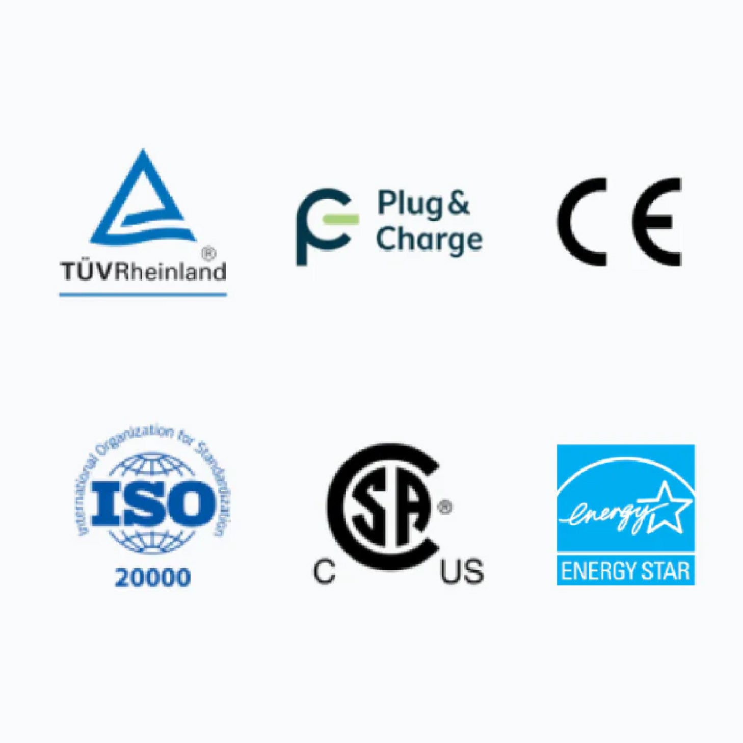 WOUEJ certifications: TÜV Rheinland, Plug & Charge, CE, ISO 20000, CSA, Energy Star.