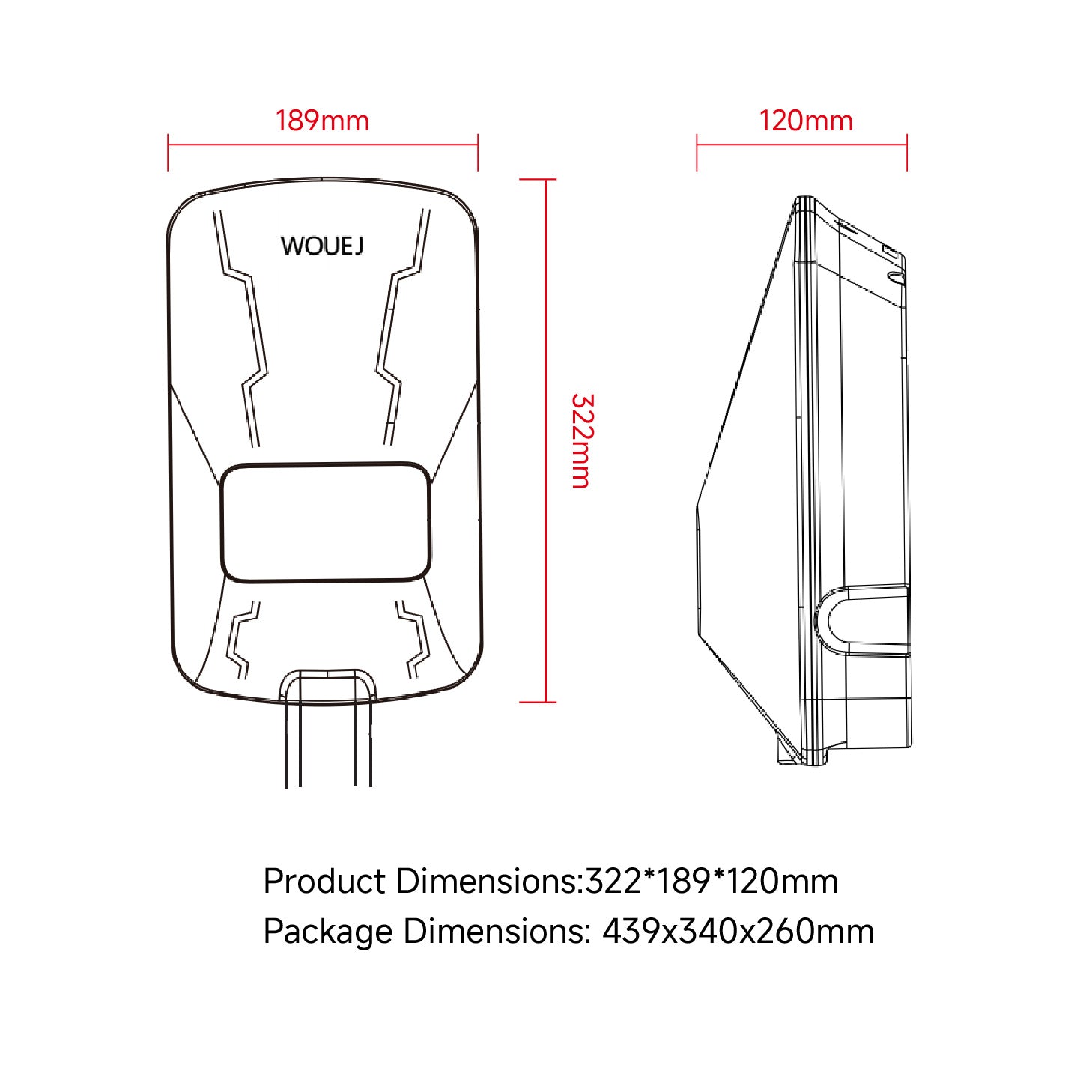 WOUEJ product dimensions illustration, 322mm length, 189mm width, 120mm height, package dimensions 439x340x260mm